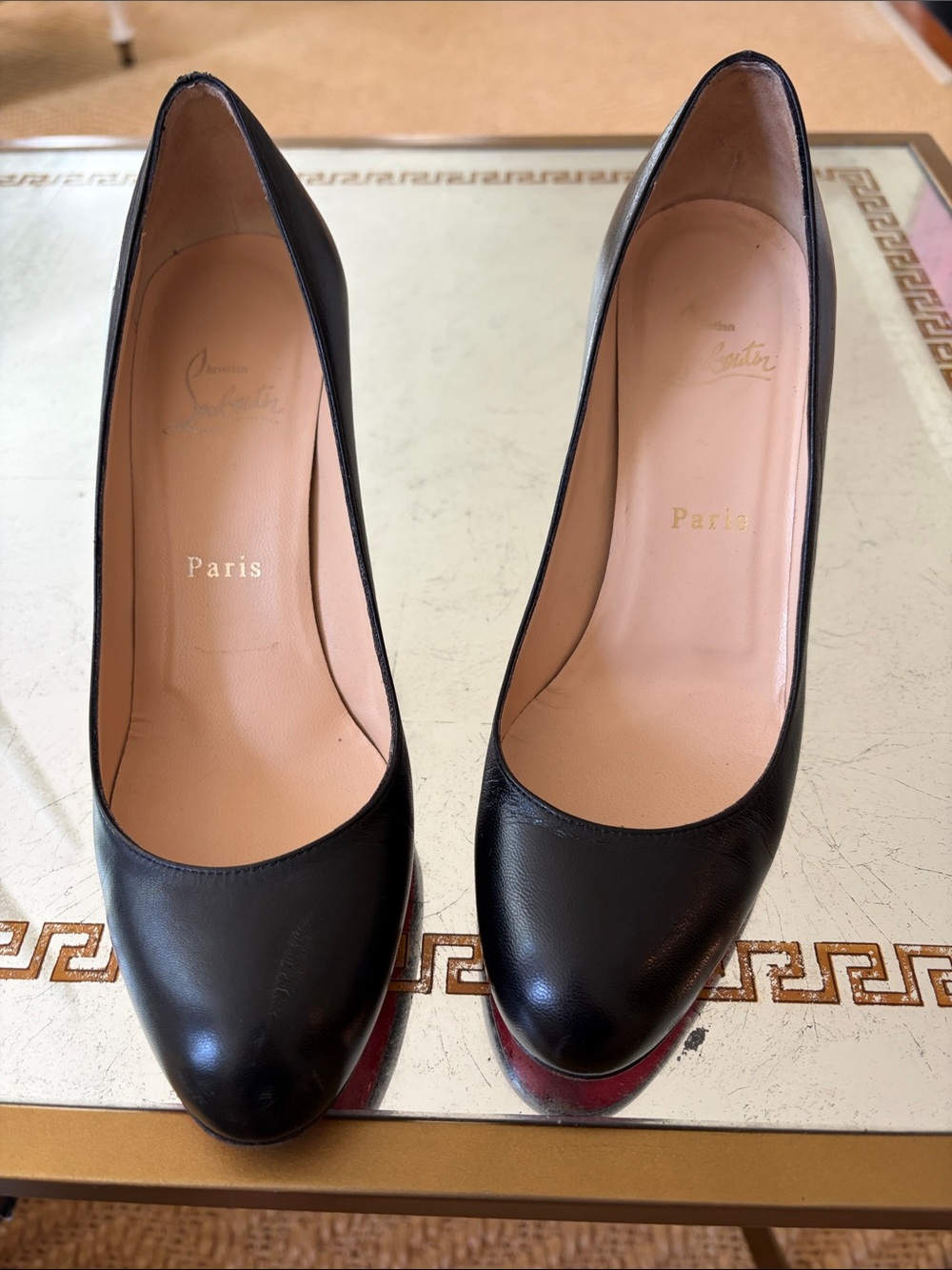 Christian Louboutin Black Leather Round-Toe Pumps with Red Soles
